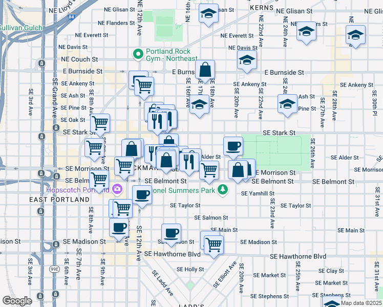 map of restaurants, bars, coffee shops, grocery stores, and more near 1619-1623 Southeast Morrison Street in Portland