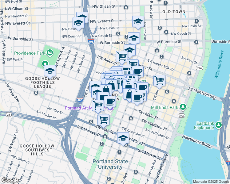 map of restaurants, bars, coffee shops, grocery stores, and more near in Portland