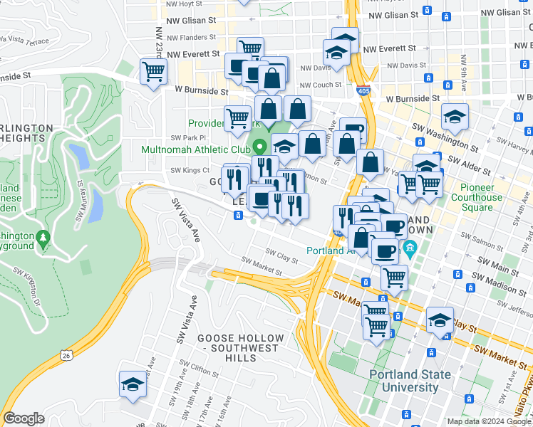 map of restaurants, bars, coffee shops, grocery stores, and more near 1799 Southwest Columbia Street in Portland