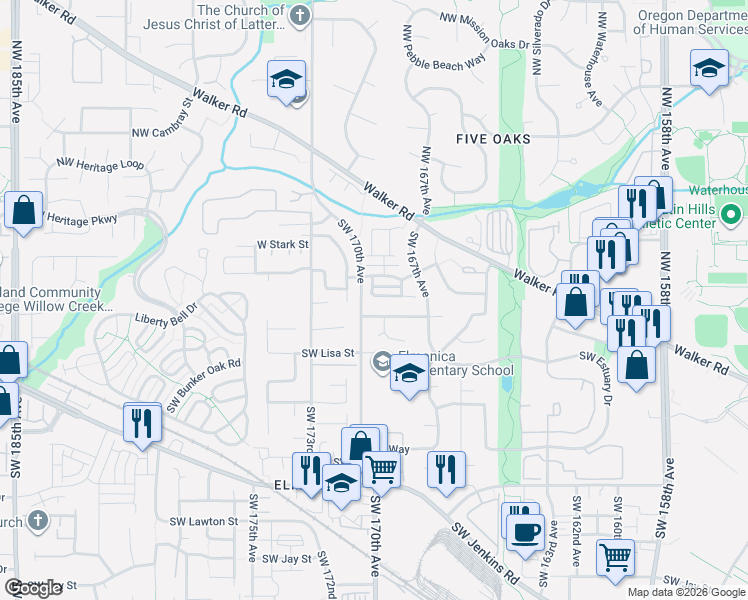 map of restaurants, bars, coffee shops, grocery stores, and more near 16870 Southwest Springwater Lane in Beaverton