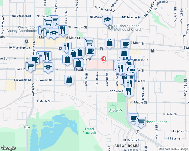 map of restaurants, bars, coffee shops, grocery stores, and more near 468 Southeast 7th Avenue in Hillsboro
