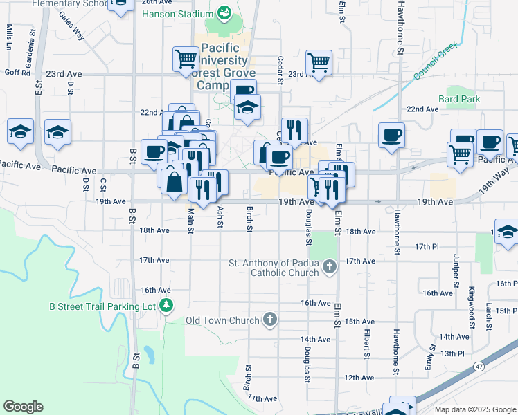 map of restaurants, bars, coffee shops, grocery stores, and more near 1803 Birch Street in Forest Grove