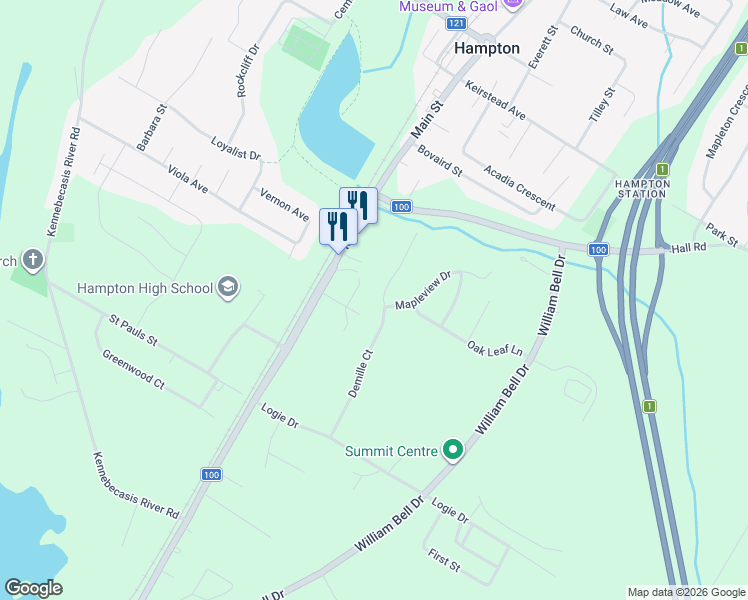 map of restaurants, bars, coffee shops, grocery stores, and more near 105 Demille Court in Hampton