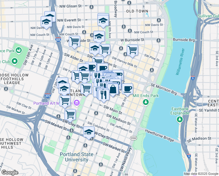 map of restaurants, bars, coffee shops, grocery stores, and more near 1001 Southwest 5th Avenue in Portland