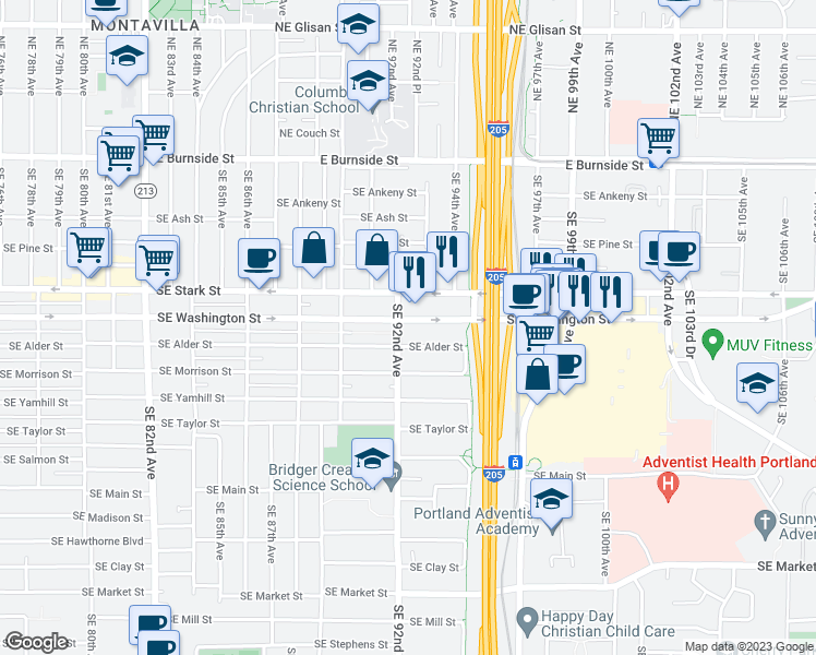 map of restaurants, bars, coffee shops, grocery stores, and more near 9218 Southeast Washington Street in Portland