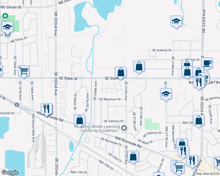 map of restaurants, bars, coffee shops, grocery stores, and more near 21016 Southeast Stark Street in Gresham