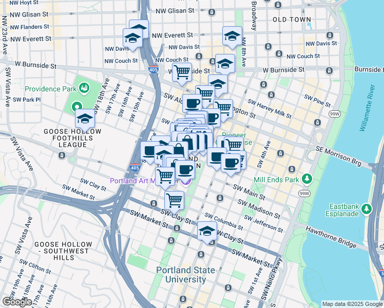 map of restaurants, bars, coffee shops, grocery stores, and more near 929 Southwest Salmon Street in Portland