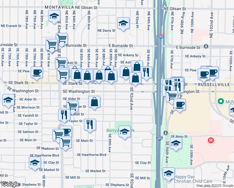map of restaurants, bars, coffee shops, grocery stores, and more near 9004 Southeast Alder Street in Portland