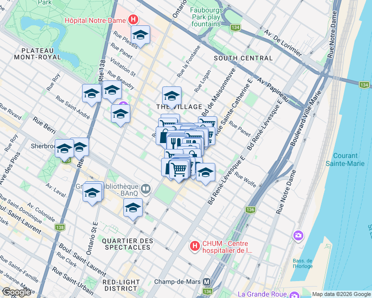map of restaurants, bars, coffee shops, grocery stores, and more near 1487 Rue Atateken in Montréal