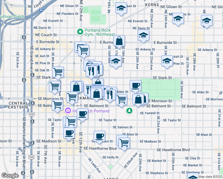map of restaurants, bars, coffee shops, grocery stores, and more near 626 Southeast 16th Avenue in Portland