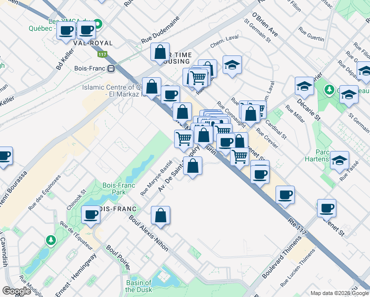 map of restaurants, bars, coffee shops, grocery stores, and more near 1957 Rue des Pyrénées in Montréal