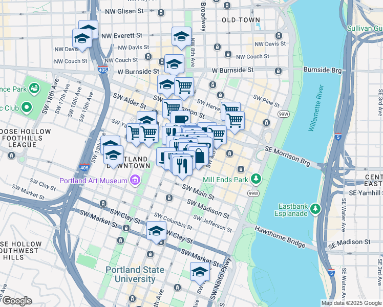 map of restaurants, bars, coffee shops, grocery stores, and more near 520 Southwest Yamhill Street in Portland