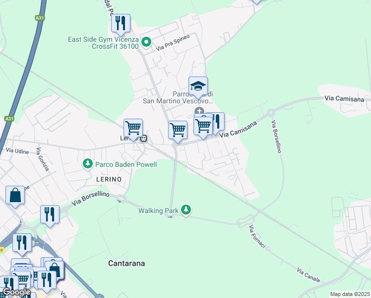 map of restaurants, bars, coffee shops, grocery stores, and more near 268 Via Camisana in Torri di Quartesolo