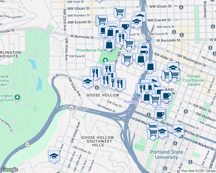 map of restaurants, bars, coffee shops, grocery stores, and more near 1234 Southwest 18th Avenue in Portland