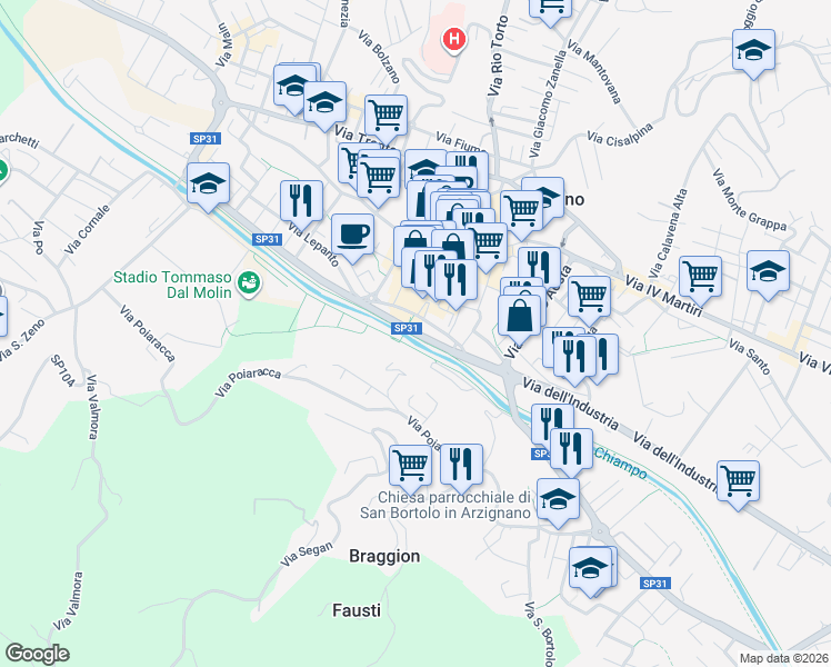 map of restaurants, bars, coffee shops, grocery stores, and more near Largo Stazione in Arzignano