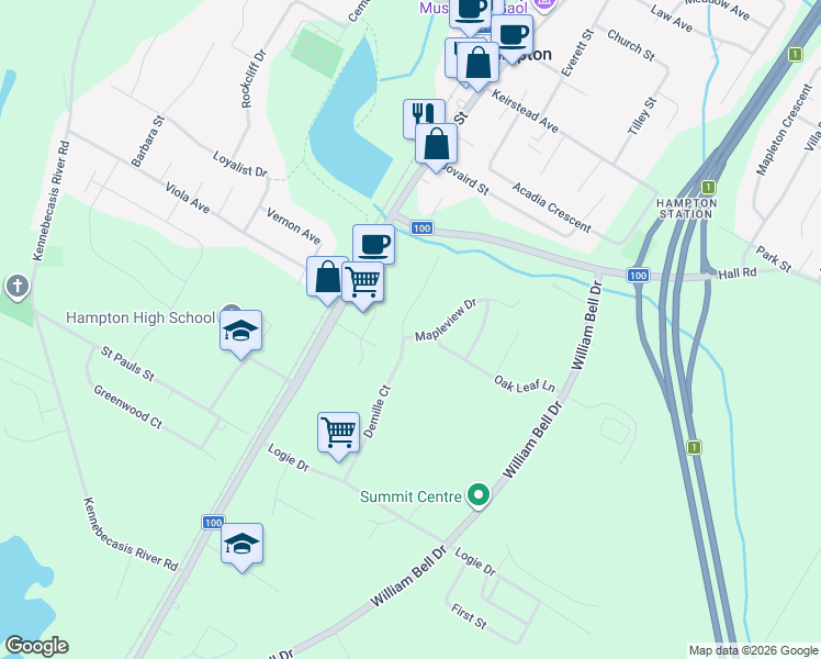 map of restaurants, bars, coffee shops, grocery stores, and more near 105 Demille Court in Hampton