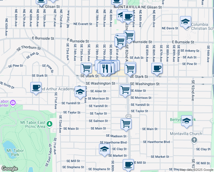 map of restaurants, bars, coffee shops, grocery stores, and more near 7912 Southeast Washington Street in Portland