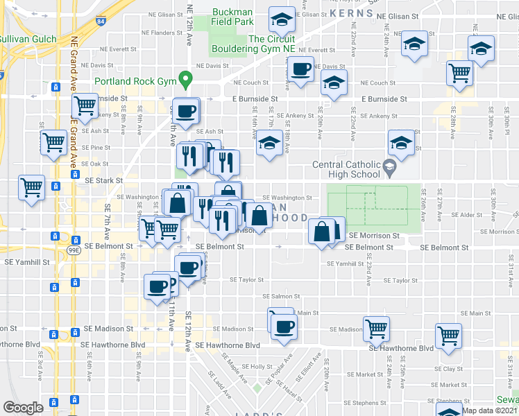 map of restaurants, bars, coffee shops, grocery stores, and more near 626 Southeast 16th Avenue in Portland