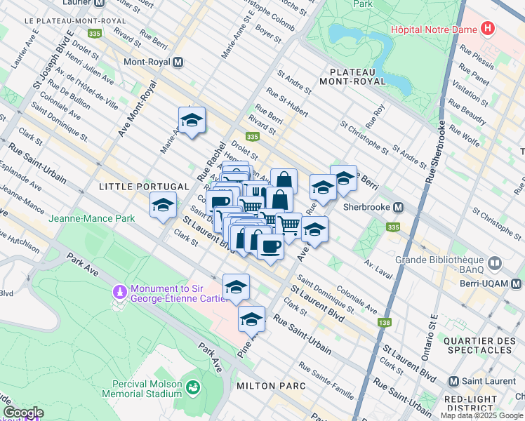 map of restaurants, bars, coffee shops, grocery stores, and more near in Montreal