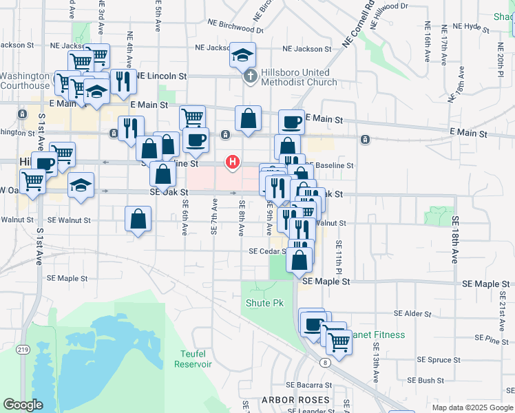 map of restaurants, bars, coffee shops, grocery stores, and more near 862 Southeast Oak Street in Hillsboro