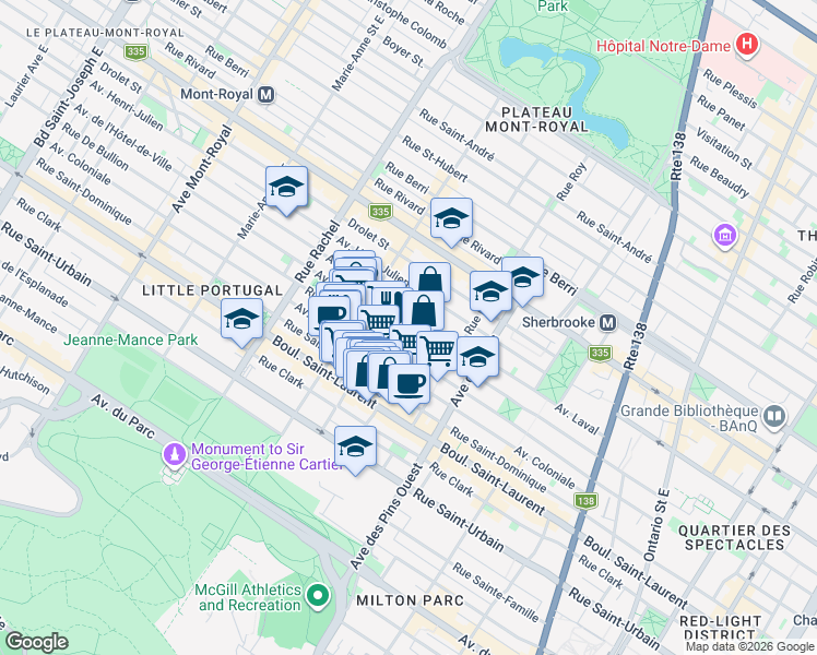 map of restaurants, bars, coffee shops, grocery stores, and more near 3887 Avenue de l'Hôtel-de-Ville in Montréal