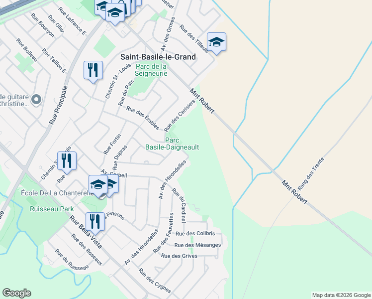 map of restaurants, bars, coffee shops, grocery stores, and more near 51 Rue Basile-Daigneault in Saint-Basile-le-Grand