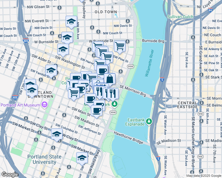 map of restaurants, bars, coffee shops, grocery stores, and more near 121 Southwest Morrison Street in Portland
