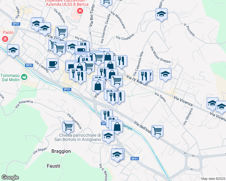 map of restaurants, bars, coffee shops, grocery stores, and more near 3 Via Fanti in Arzignano