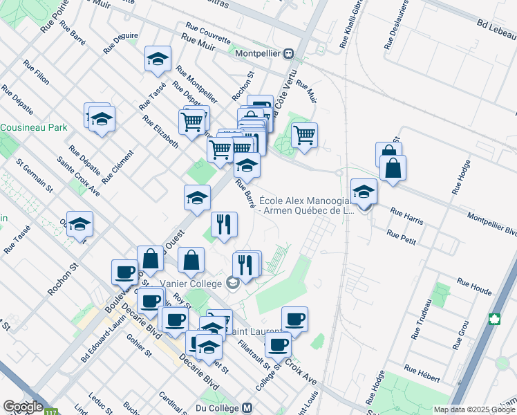 map of restaurants, bars, coffee shops, grocery stores, and more near 1 Rue Barré in Montréal