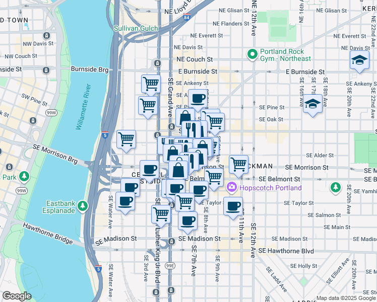 map of restaurants, bars, coffee shops, grocery stores, and more near 734 Southeast 6th Avenue in Portland