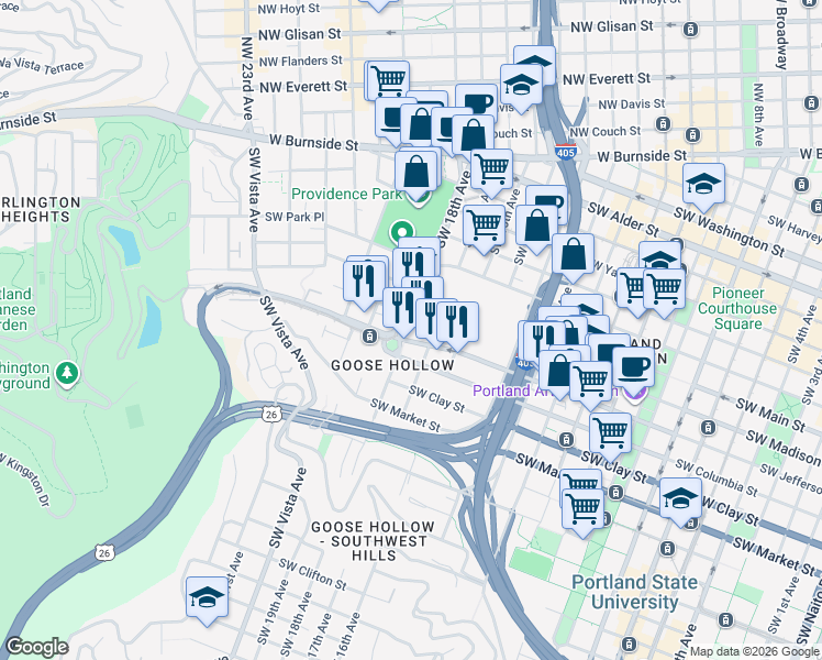 map of restaurants, bars, coffee shops, grocery stores, and more near 1234 Southwest 18th Avenue in Portland