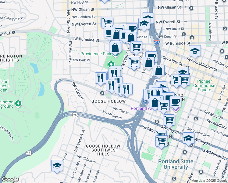 map of restaurants, bars, coffee shops, grocery stores, and more near 1234 Southwest 18th Avenue in Portland