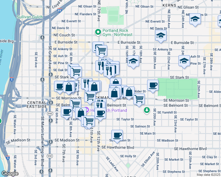 map of restaurants, bars, coffee shops, grocery stores, and more near 607 Southeast 14th Avenue in Portland