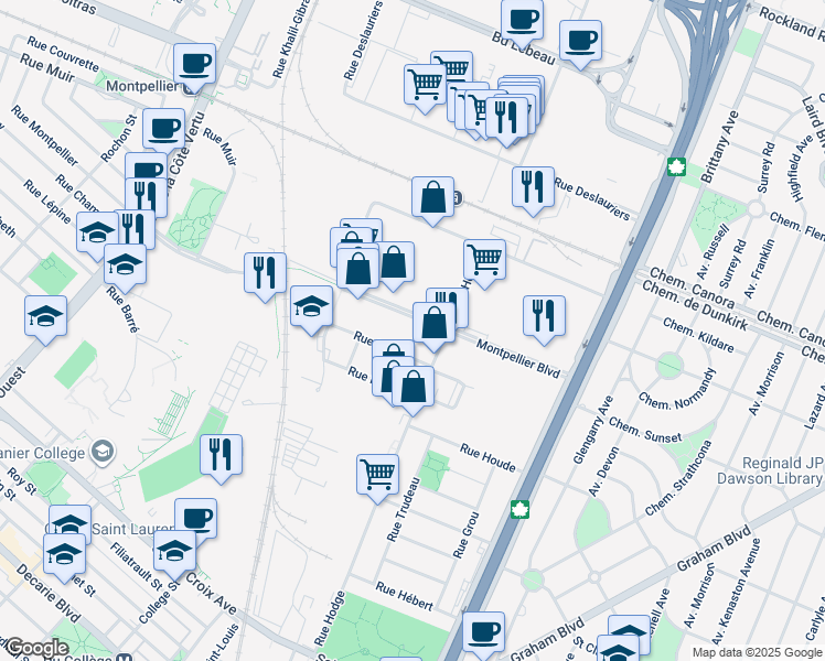 map of restaurants, bars, coffee shops, grocery stores, and more near in Montreal