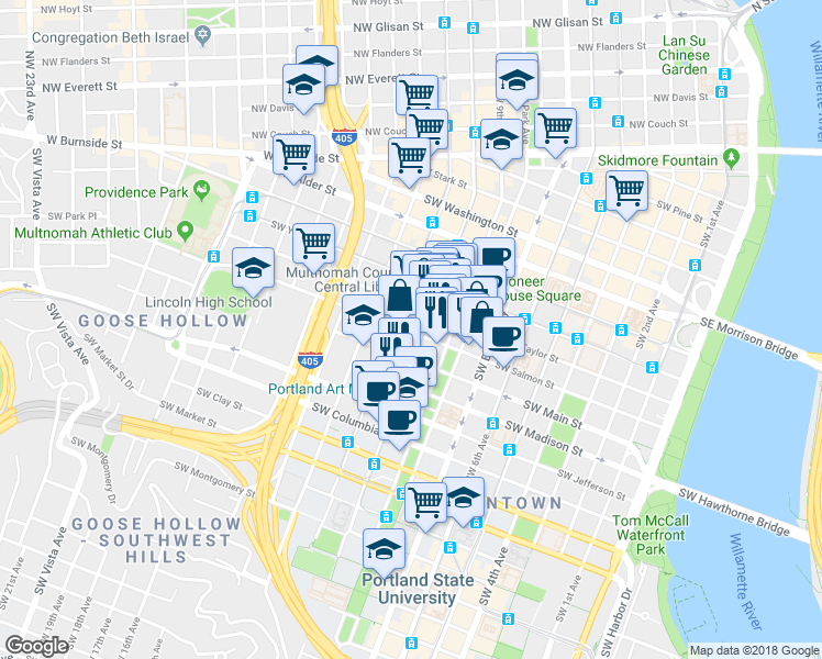 map of restaurants, bars, coffee shops, grocery stores, and more near 935 Southwest 10th Avenue in Portland