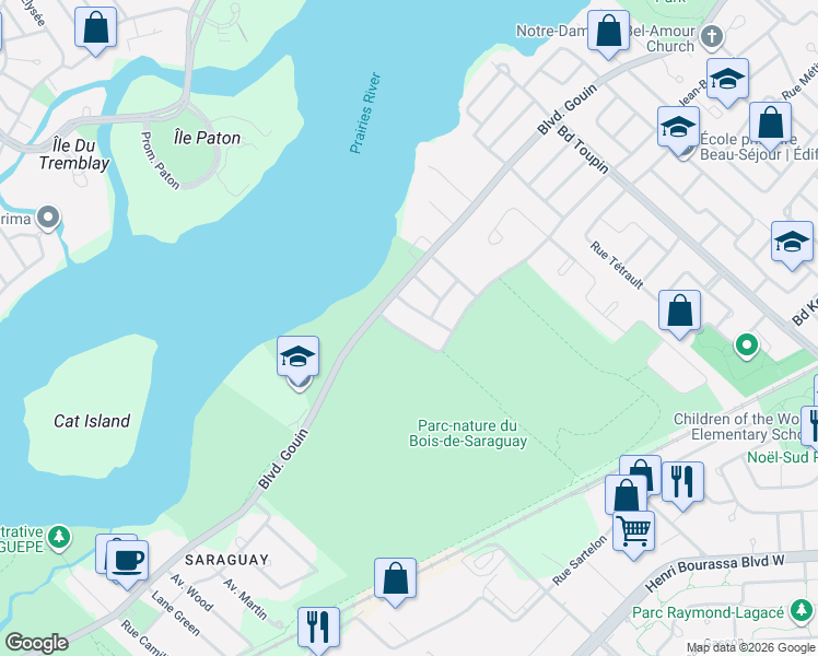map of restaurants, bars, coffee shops, grocery stores, and more near 12279 Avenue Joseph-Saucier in Montréal