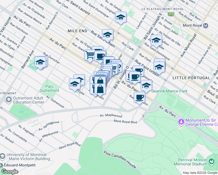 map of restaurants, bars, coffee shops, grocery stores, and more near 413 Avenue Édouard-Charles in Montréal