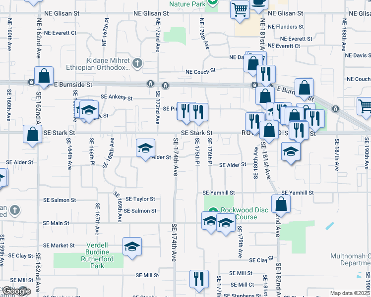 map of restaurants, bars, coffee shops, grocery stores, and more near 17432 Southeast Washington Court in Portland