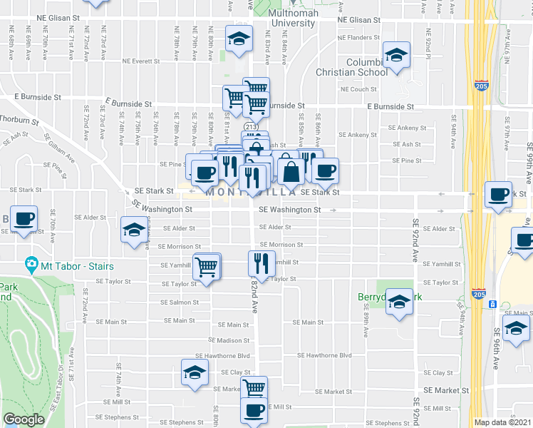 map of restaurants, bars, coffee shops, grocery stores, and more near 8226 Southeast Alder Street in Portland