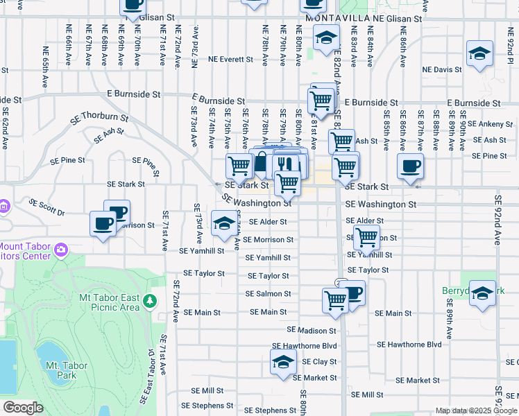 map of restaurants, bars, coffee shops, grocery stores, and more near 7634 Southeast Alder Street in Portland