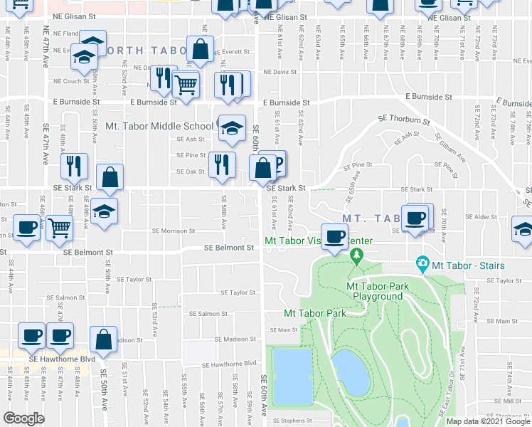 map of restaurants, bars, coffee shops, grocery stores, and more near 722 Southeast 61st Avenue in Portland
