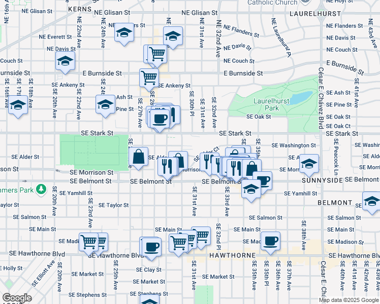 map of restaurants, bars, coffee shops, grocery stores, and more near 3025 Southeast Alder Court in Portland