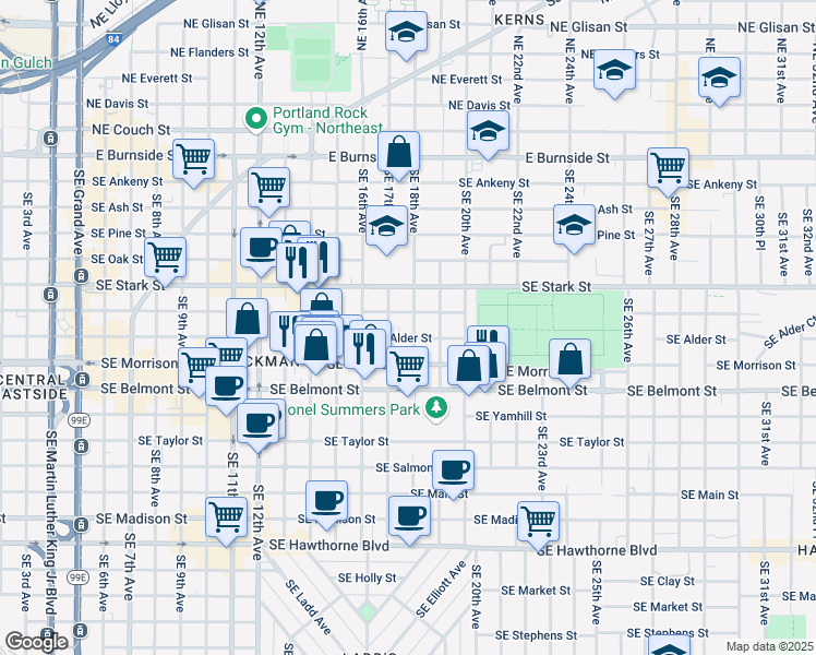 map of restaurants, bars, coffee shops, grocery stores, and more near 722 Southeast 18th Avenue in Portland