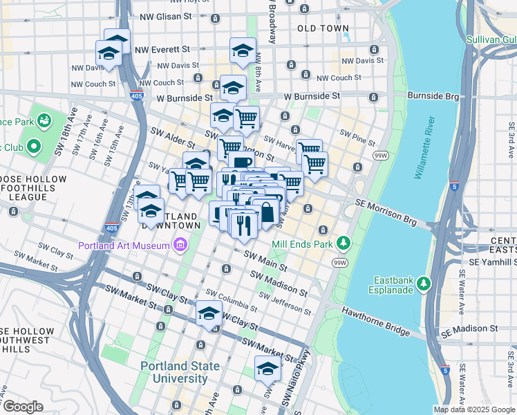 map of restaurants, bars, coffee shops, grocery stores, and more near in Portland