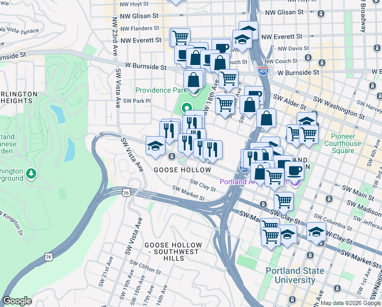map of restaurants, bars, coffee shops, grocery stores, and more near 1767 Southwest Columbia Street in Portland