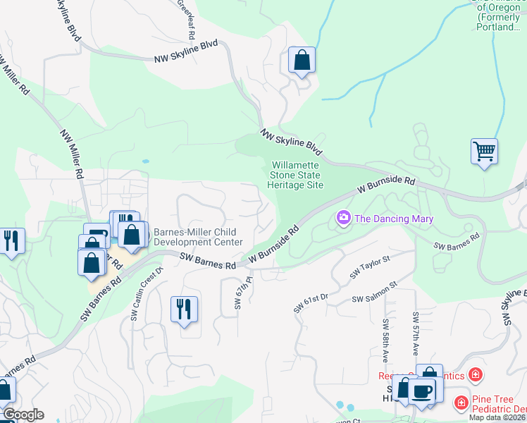 map of restaurants, bars, coffee shops, grocery stores, and more near West Burnside Road in Portland
