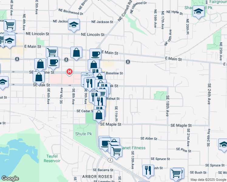 map of restaurants, bars, coffee shops, grocery stores, and more near 1117 Southeast Walnut Street in Hillsboro