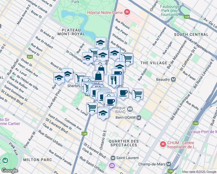 map of restaurants, bars, coffee shops, grocery stores, and more near in Montreal