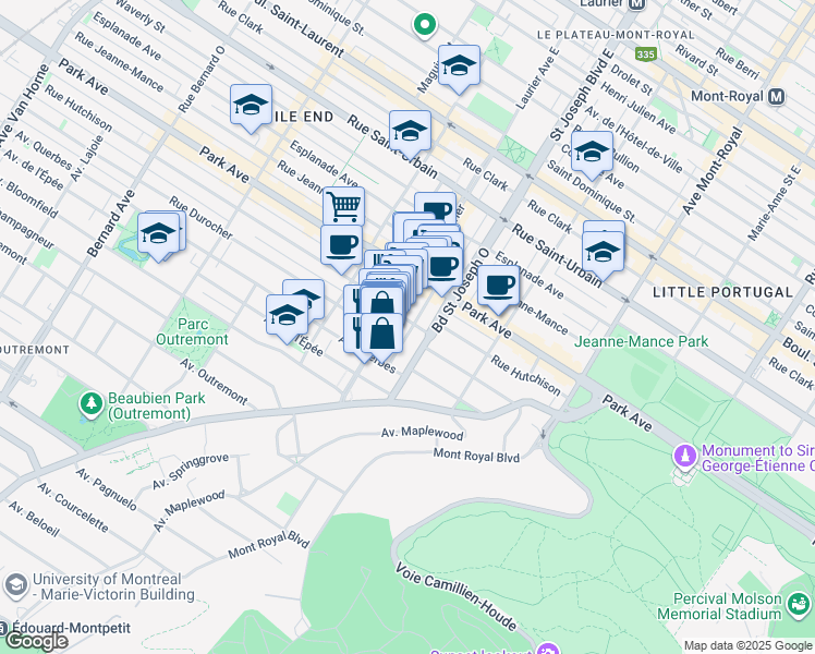 map of restaurants, bars, coffee shops, grocery stores, and more near 413 Avenue Édouard-Charles in Montréal