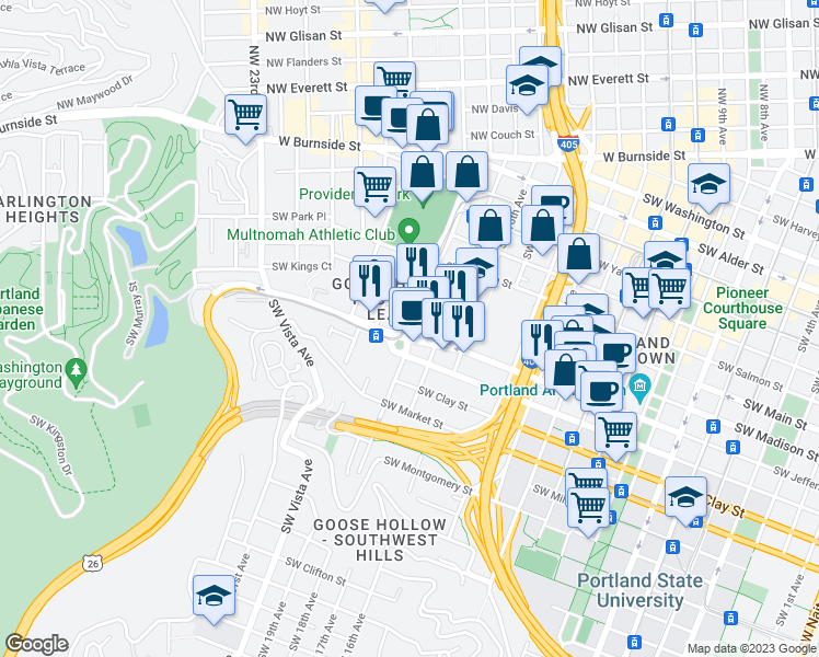 map of restaurants, bars, coffee shops, grocery stores, and more near 1234 Southwest 18th Avenue in Portland